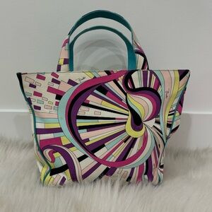 Emilio Pucci Multicolor Swirl Print Tote with Teal Handles